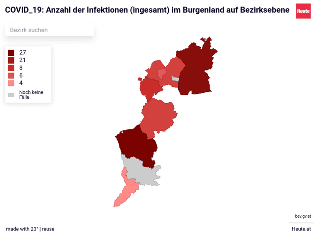COVID_19: Anzahl der Infektionen (ingesamt) im Burgenland auf Bezirksebene 