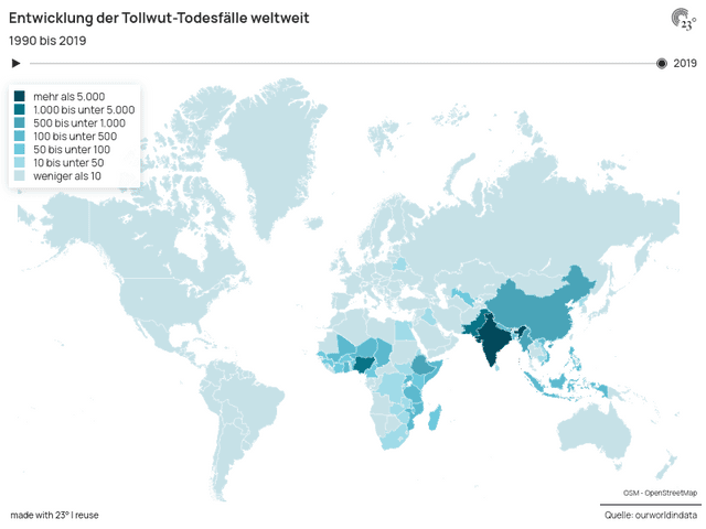 Tollwut-Todesfälle weltweit (1990 - 2019)