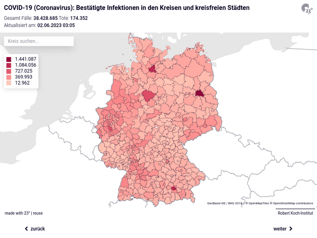COVID-19 (Coronavirus) Deutschland: Gesamt Fälle und Fälle pro 100.000 Einwohner in den Kreisen und kreisfreien Städten