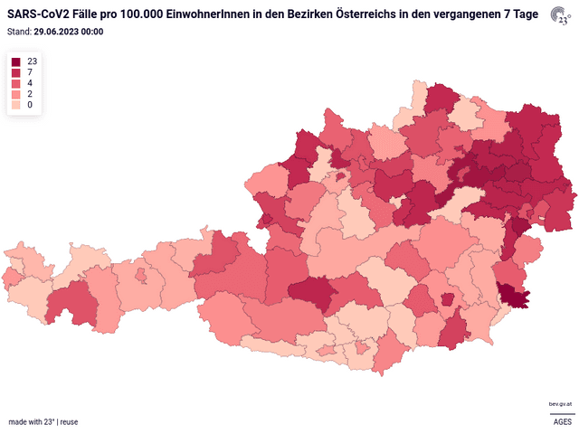 SARS-CoV2 Fälle pro 100.000 EinwohnerInnen in den Bezirken Österreichs in den vergangenen 7 Tage