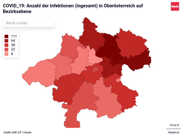COVID_19: Anzahl der Infektionen (ingesamt) in Oberösterreich auf Bezirksebene 