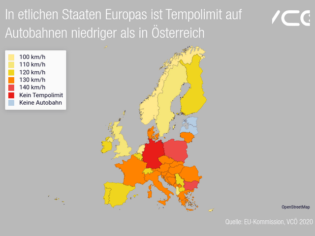 In etlichen Staaten Europas ist Tempolimit auf Autobahnen niedriger als in Österreich
