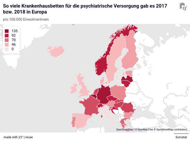 So viele Krankenhausbetten für die psychiatrische Versorgung gab es 2017 bzw. 2018 in Europa