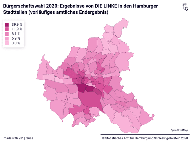Bürgerschaftswahl 2020: Ergebnisse von DIE LINKE in den Hamburger Stadtteilen (vorläufiges amtliches Endergebnis)