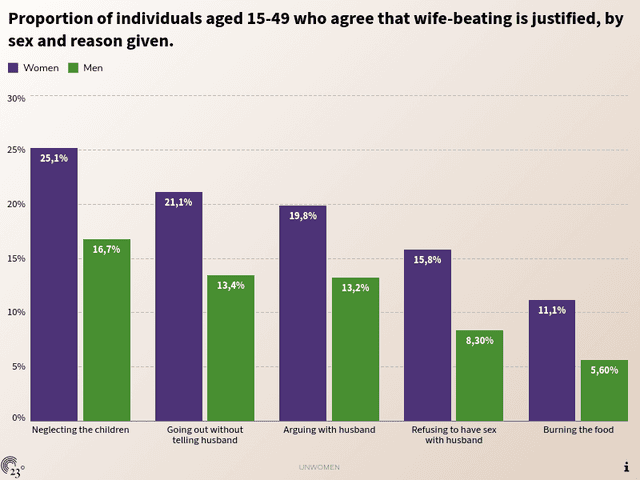 Proportion of individuals aged 15-49 who agree that wife-beating is justified, by sex and reason given.