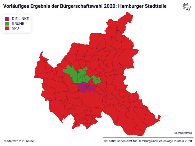 Vorläufige Ergebnisse der Bürgerschaftswahl 2020 (Gesamtstimmen der Landesliste) in den Hamburger Stadtteilen - Wahlbeteiligung und Stimmenanteile ausgewählter Parteien in Prozent