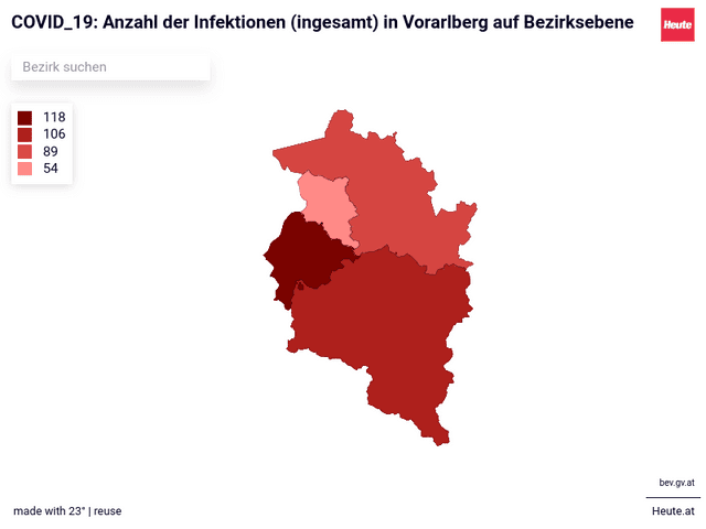 COVID_19: Anzahl der Infektionen (ingesamt) in Vorarlberg auf Bezirksebene 
