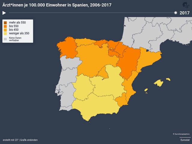 Ärzt*innen je 100.000 Einwohner in Spanien, 2006-2017