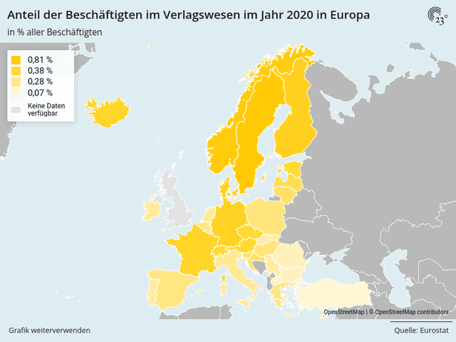 Anteil der Beschäftigten im Verlagswesen im Jahr 2020 in Europa
