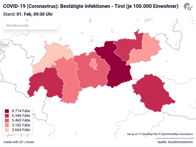COVID-19 (Coronavirus): Bestätigte Infektionen - Tirol (je 100.000 Einwohner)