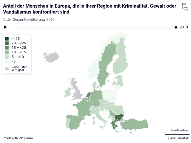 Anteil der Menschen in Europa, die in ihrer Region mit Kriminalität, Gewalt oder Vandalismus konfrontiert sind