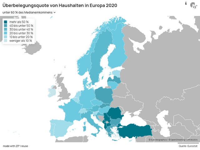 Überbelegungsquote von Haushalten in Europa 2020