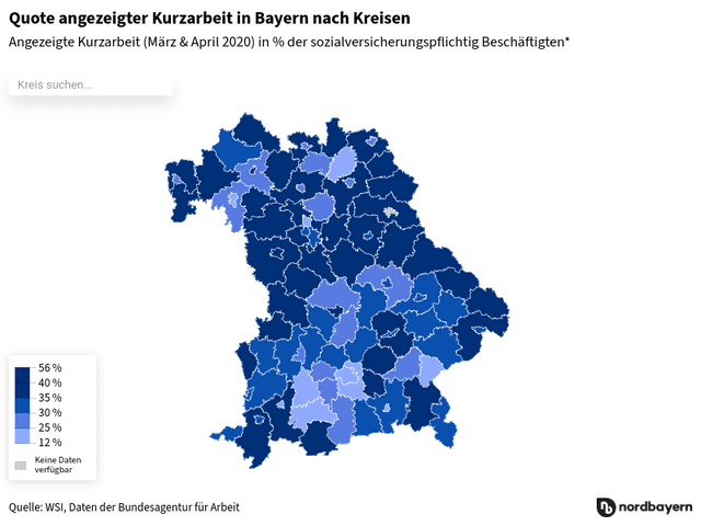 Quote angezeigter Kurzarbeit in Bayern nach Kreisen