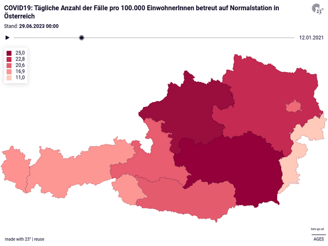 COVID19: Tägliche Anzahl der Fälle pro 100.000 EinwohnerInnen betreut auf Normalstation in Österreich