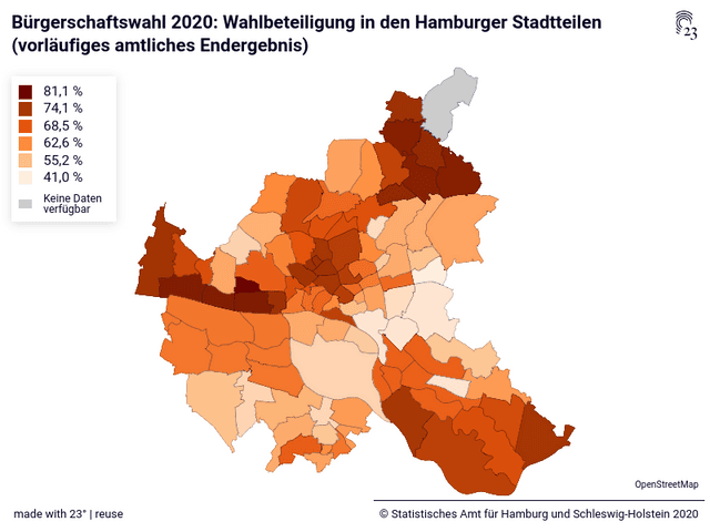 Vorläufige Ergebnisse der Bürgerschaftswahl 2020 (Gesamtstimmen der Landesliste) in den Hamburger Stadtteilen - Wahlbeteiligung und Stimmenanteile ausgewählter Parteien in Prozent