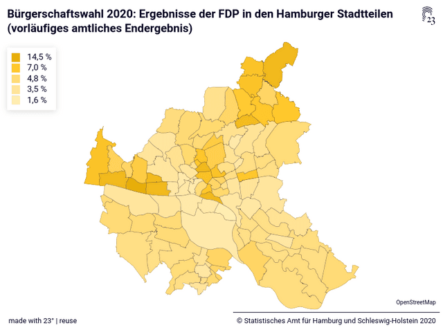 Bürgerschaftswahl 2020: Ergebnisse der FDP in den Hamburger Stadtteilen (vorläufiges amtliches Endergebnis)