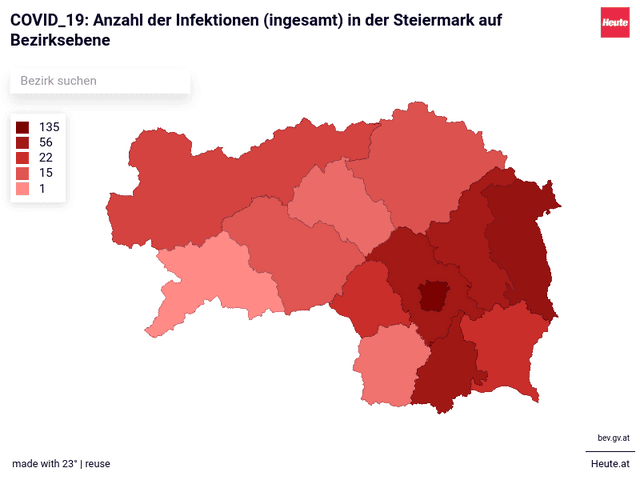 COVID_19: Anzahl der Infektionen (ingesamt) in der Steiermark auf Bezirksebene 