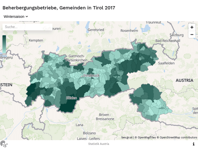 Beherbergungsbetriebe, Gemeinden in Tirol 2017