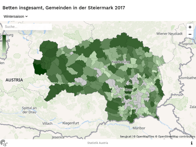 Betten insgesamt, Gemeinden in der Steiermark 2017
