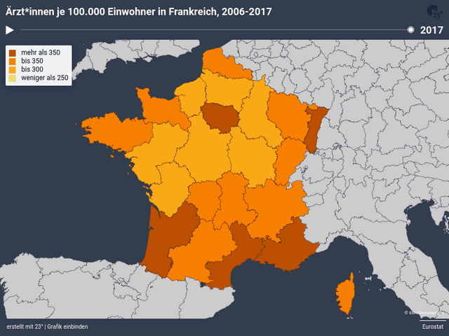 Ärzt*innen je 100.000 Einwohner in Frankreich, 2006-2017