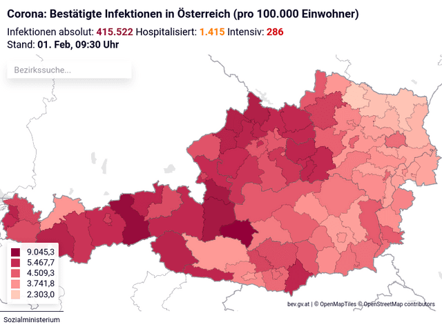 Corona: Bestätigte Infektionen in Österreich (pro 100.000 Einwohner)