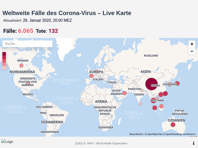 
Weltweite Fälle des Corona-Virus – Live Karte