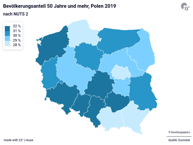 Bevölkerungsanteil 50 Jahre und mehr, Polen 2019 