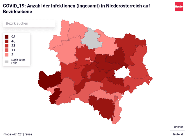 COVID_19: Anzahl der Infektionen (ingesamt) in Niederösterreich auf Bezirksebene 