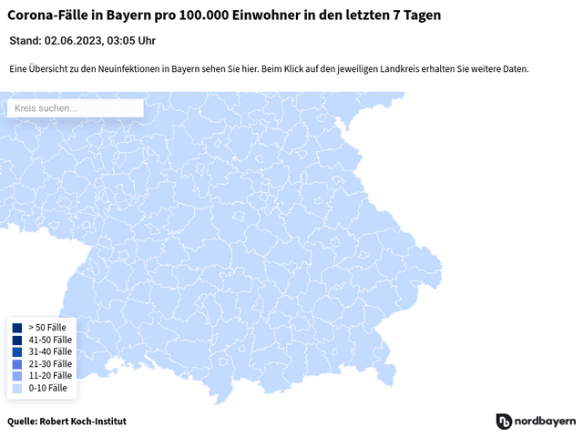 Corona-Fälle in Bayern pro 100.000 Einwohner in den letzten 7 Tagen