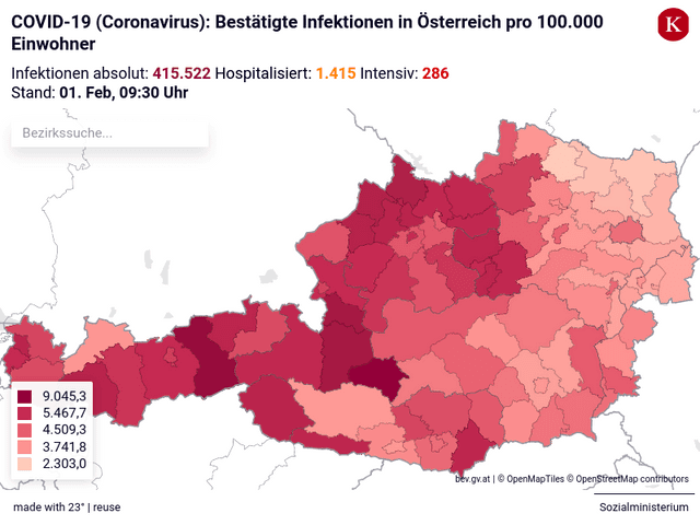 COVID-19 (Coronavirus): Bestätigte Infektionen in Österreich pro 100.000 Einwohner