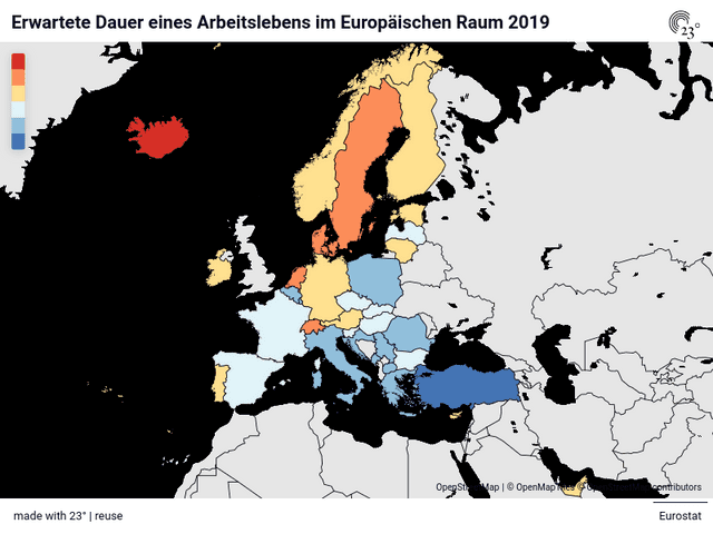 Erwartete Dauer eines Arbeitslebens im Europäischen Raum 2019