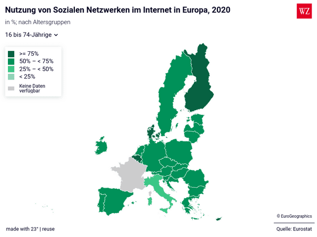 Nutzung von Sozialen Netzwerken im Internet in Europa, 2020