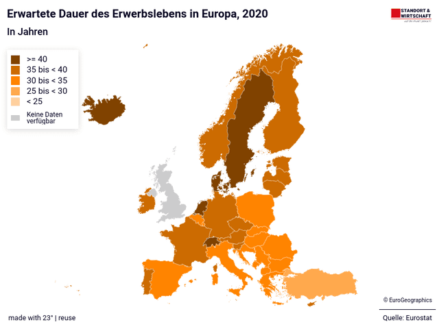 Erwartete Dauer des Erwerbslebens in Europa, 2020
