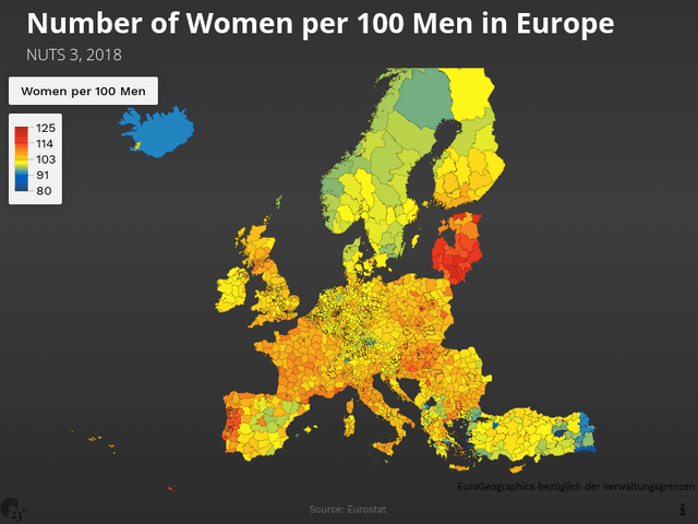 Number of Women per 100 Men in Europe
