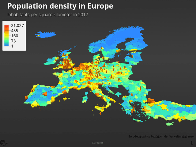 Population density in Europe, 2013 - 2017