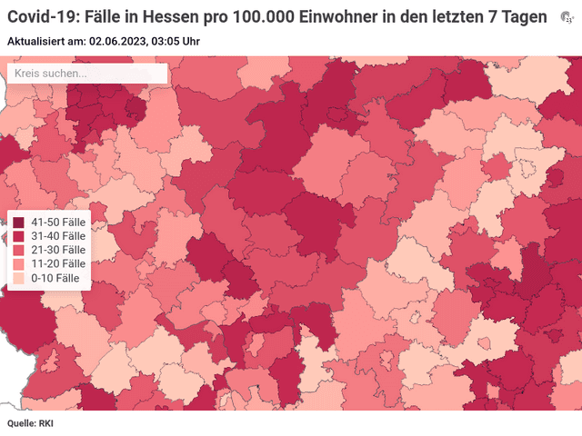 Covid-19: Fälle in Hessen pro 100.000 Einwohner in den letzten 7 Tagen