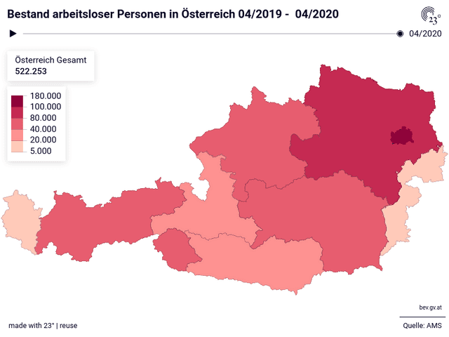 Bestand arbeitsloser Personen in Österreich 04/2019 -  04/2020 