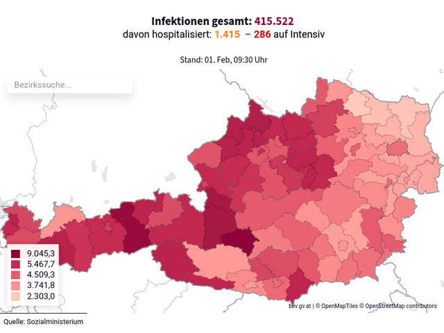 Bestätigte Infektionen in Österreich (pro 100.000 Einwohner)