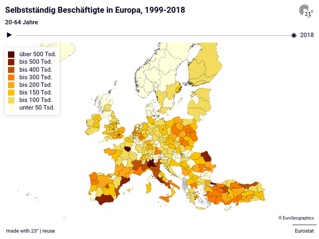 Selbstständig Beschäftigte in Europa, 1999-2018