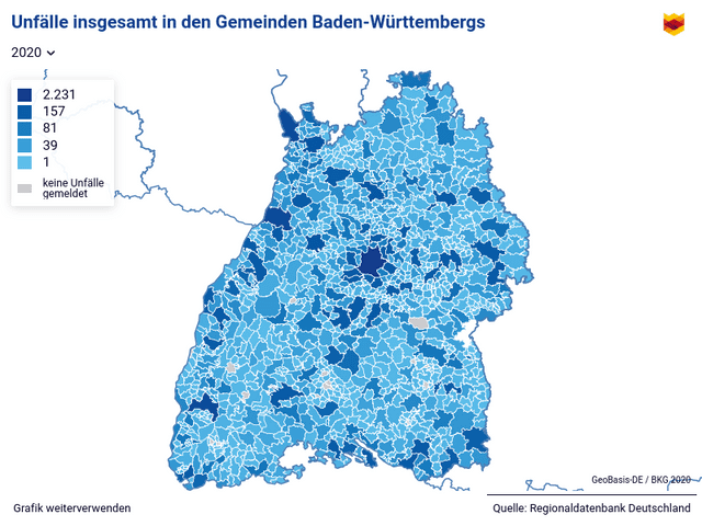 Unfälle insgesamt in den Gemeinden Baden-Württembergs