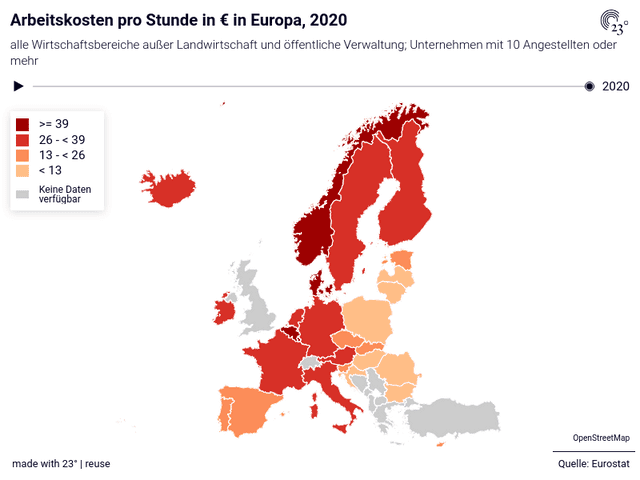 Arbeitskosten pro Stunde in € in Europa, 2020