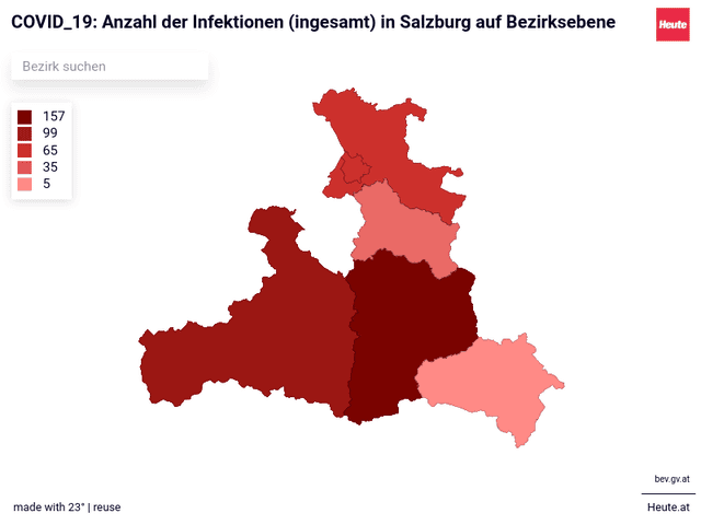 COVID_19: Anzahl der Infektionen (ingesamt) in Salzburg auf Bezirksebene 