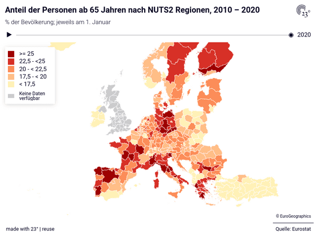 Anteil der Personen ab 65 Jahren nach NUTS2 Regionen, 2010 – 2020