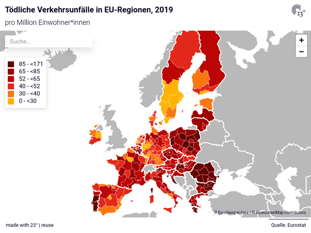 Tödliche Verkehrsunfälle in EU-Regionen, 2019