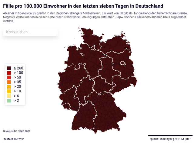 Fälle pro 100.000 Einwohner in den letzten sieben Tagen in Deutschland